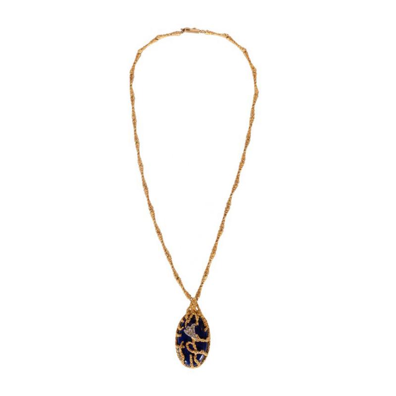 La Triomphe La Triomphe Tear Drop Lapis Round Brilliant Diamond 18k Yellow Gold Pendant