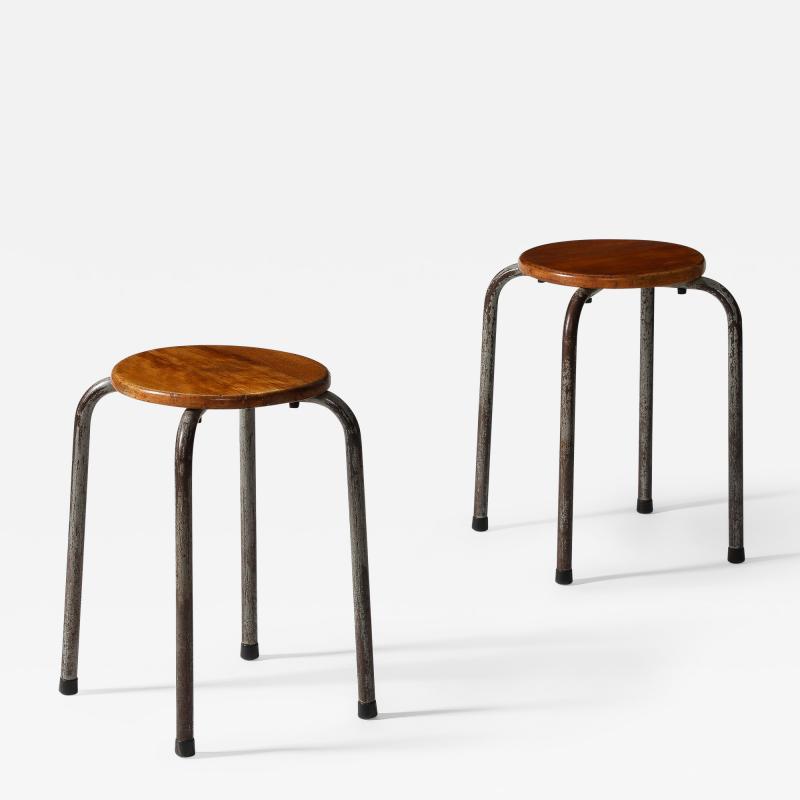 Lacquered Steel and Elm Industrial Stool France c 1960