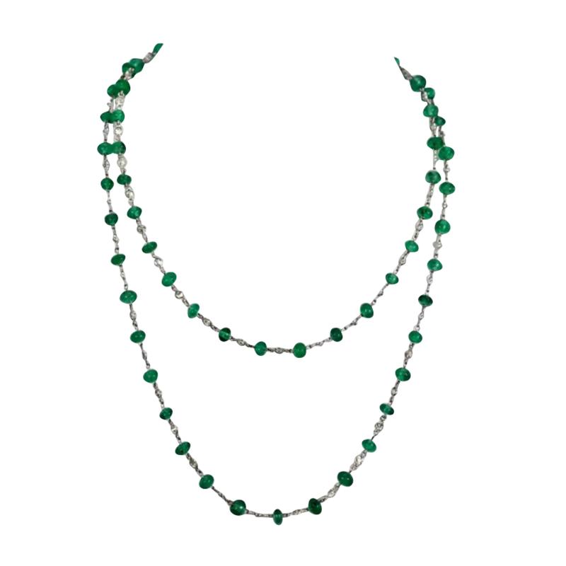 Ladies 18 Karat Diamond and Emerald Long Beaded Chain Necklace 28 32 Carat