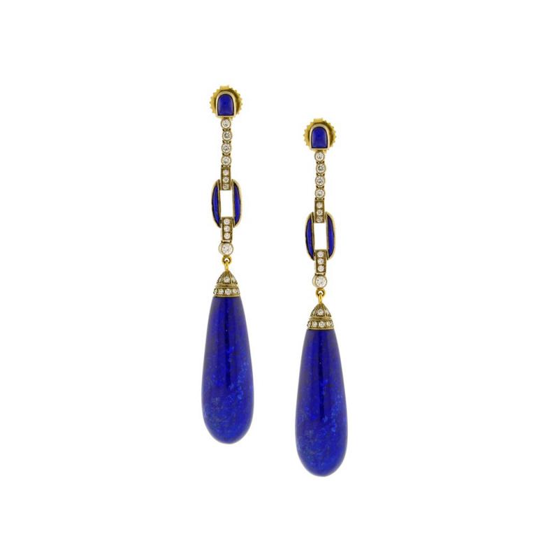 Lapis and Diamond Long Drop Earrings