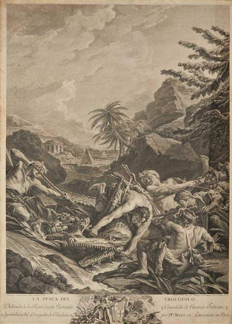 Large 18th Century Engraving of the New World Alligator Hunt 