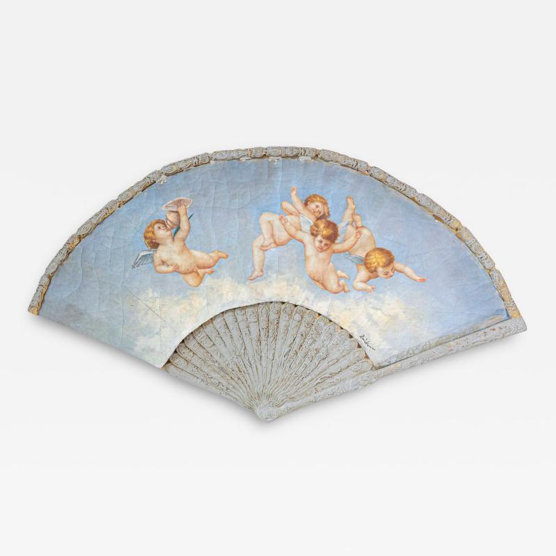 Large 19th Century French Decorative Fan with Chubby Angels on Blue Sky