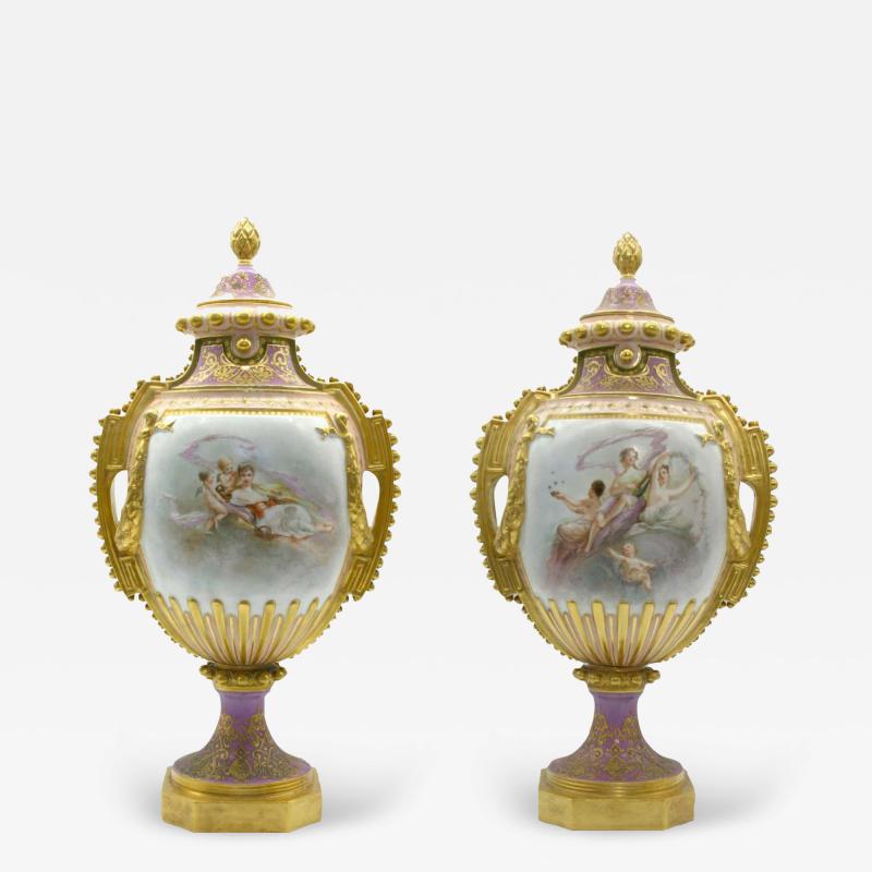 Large 19th Century Gilt Painted Porcelain Pair Urn