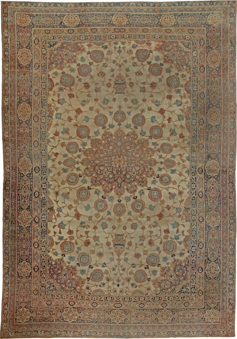 Large 19th Century Persian Tabriz Ivory Blue Gold and Green Handmade Wool Rug