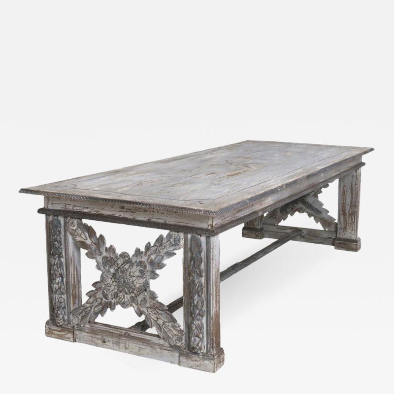 Large 19th Century Richly Carved Trestle Table In Original Paint From Tuscany