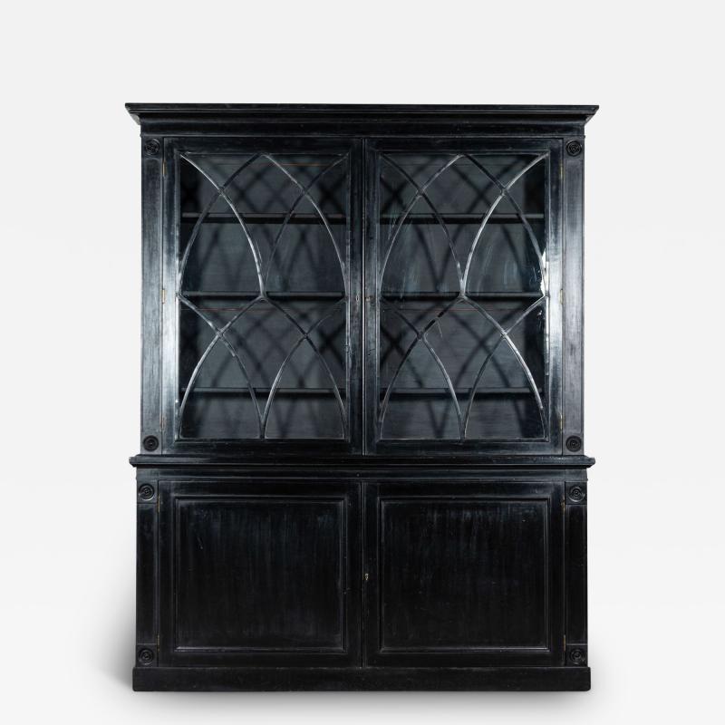 Large 19thC English Astral Glazed Ebonised Lacquered Bookcase Cabinet