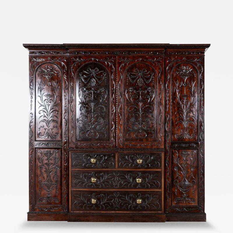 Large 19thC English Breakfront Mahogany Carved Linen Press