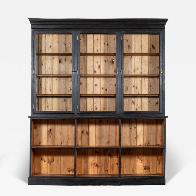 Large 19thC English Ebonised Fruitwood Pine Glazed Bookcase Dresser