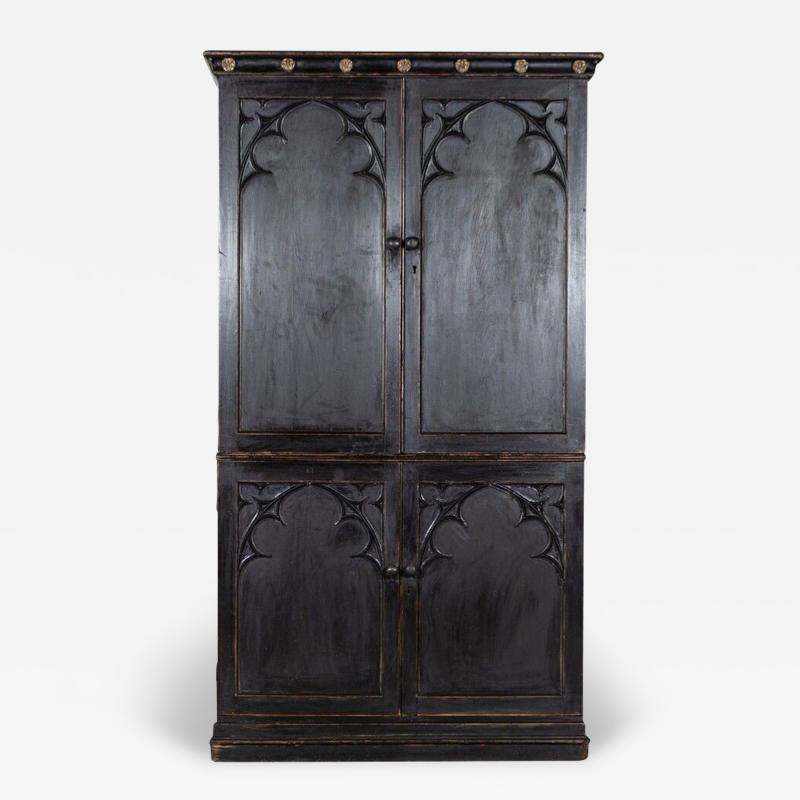 Large 19thC English Ebonised Gothic Pine Linen Press