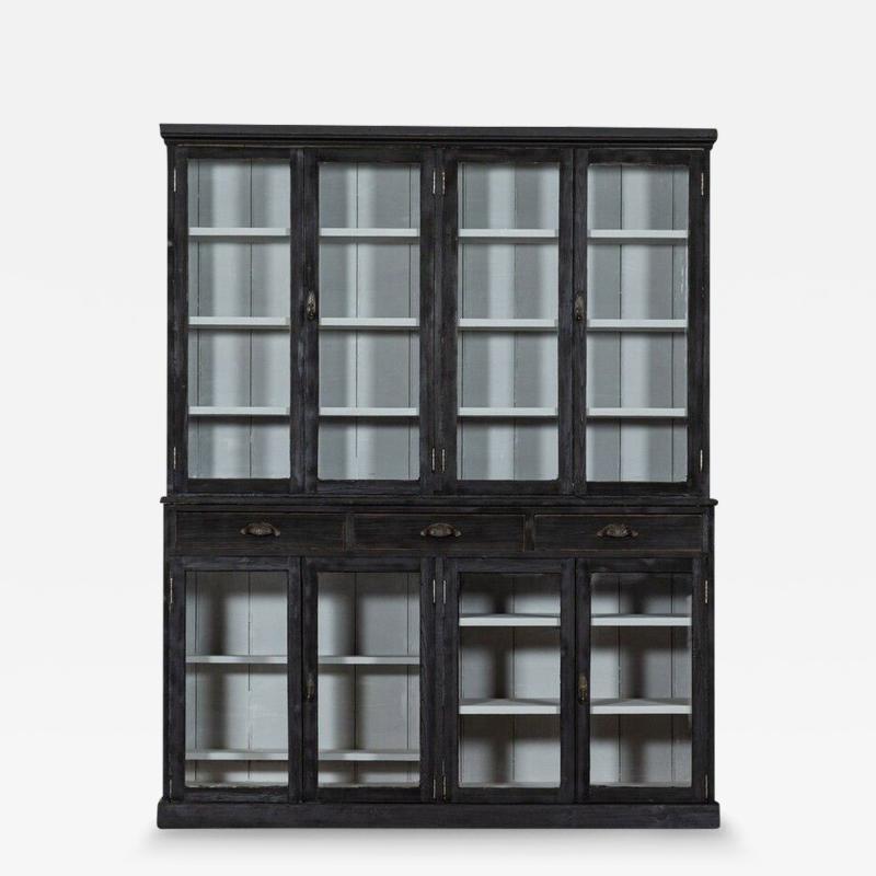 Large 19thC English Ebonised Pine Glazed Dresser Bookcase