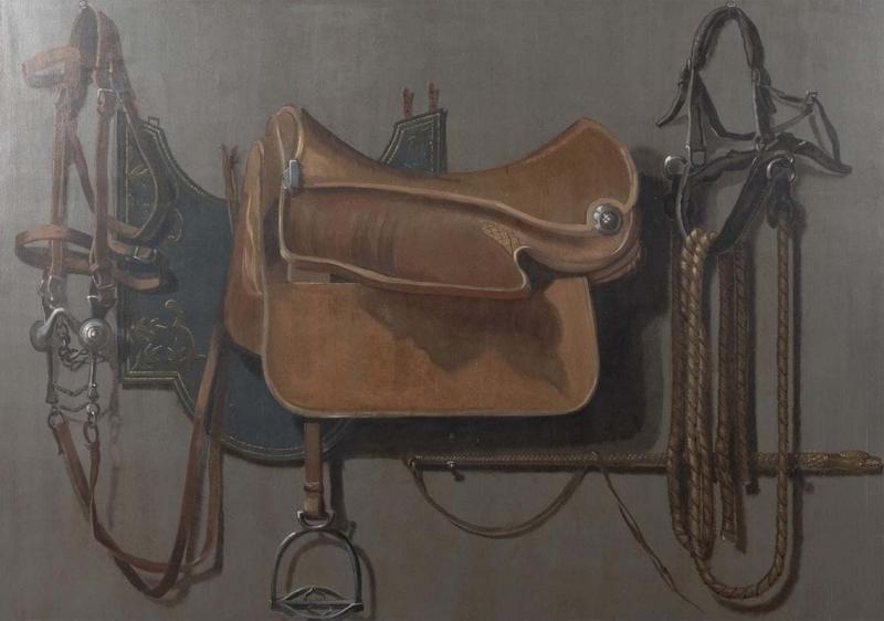 Large 20th Century Trompe LOeil Equestrian Oil on Canvas