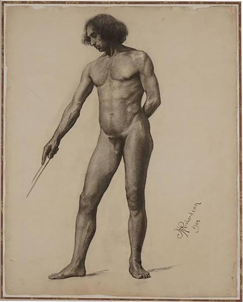 Large Academic Male Nude Charcoal on Paper Drawing 1905