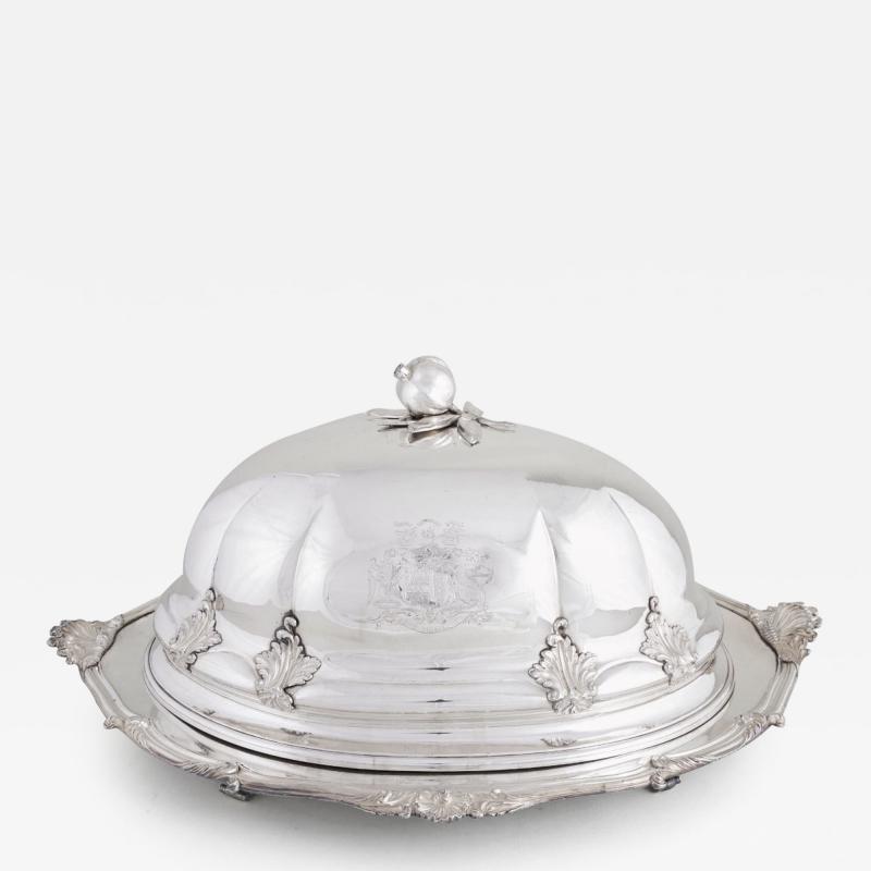 Large Antique English Silver Plate Tableware Armorial Cloche Warming Tray