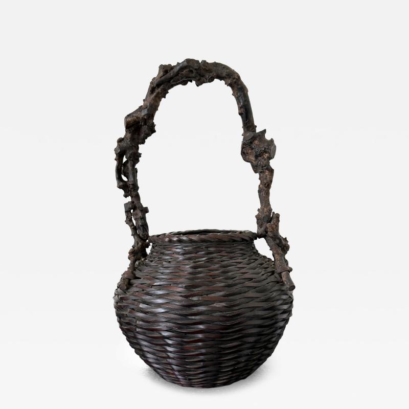 Large Antique Japanese Smoke Bamboo Basket Wisteria Root Handle Meiji Period