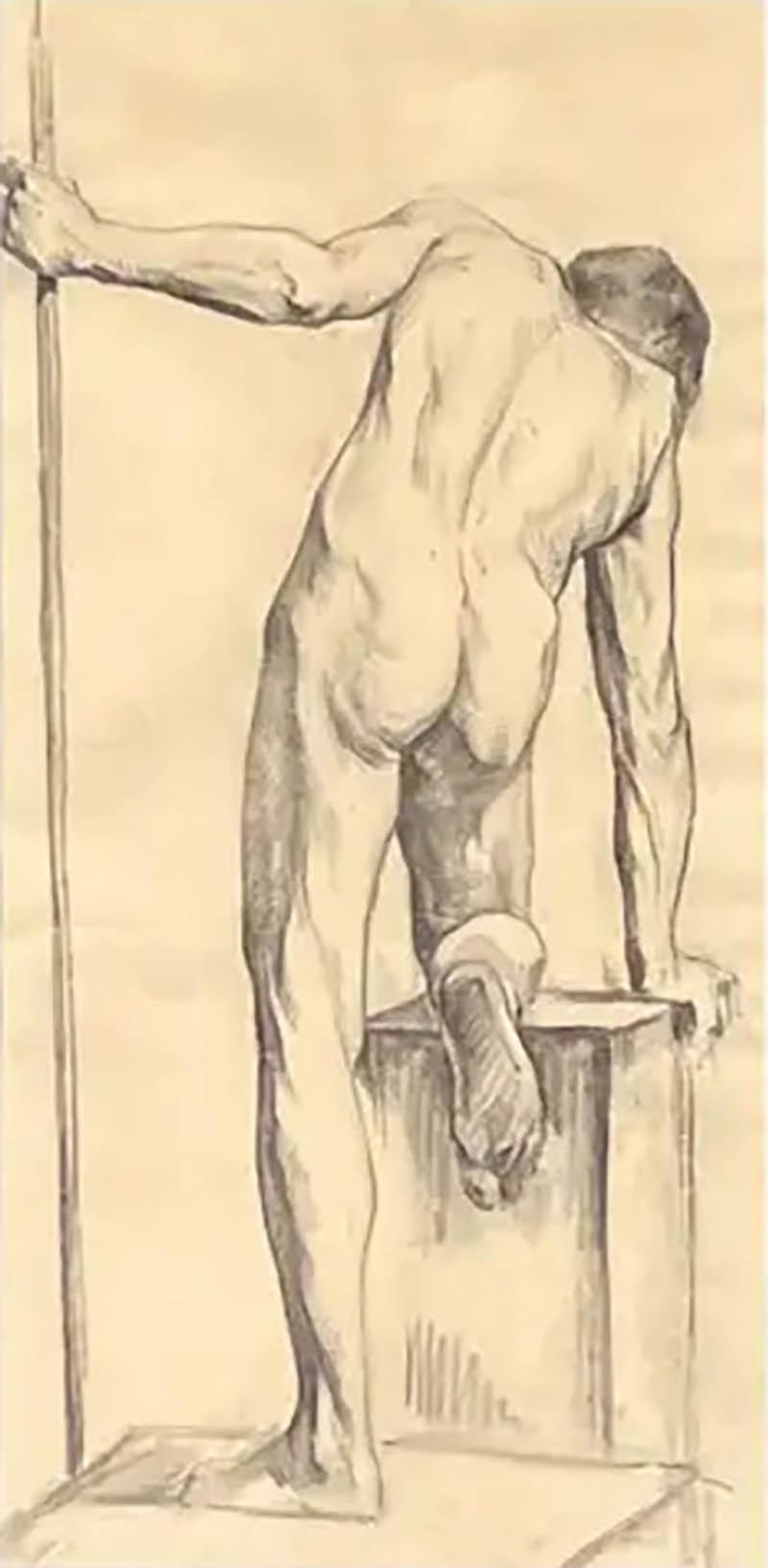 Large Antique Male Nude Art Study Drawing From Paris Framed in Italy