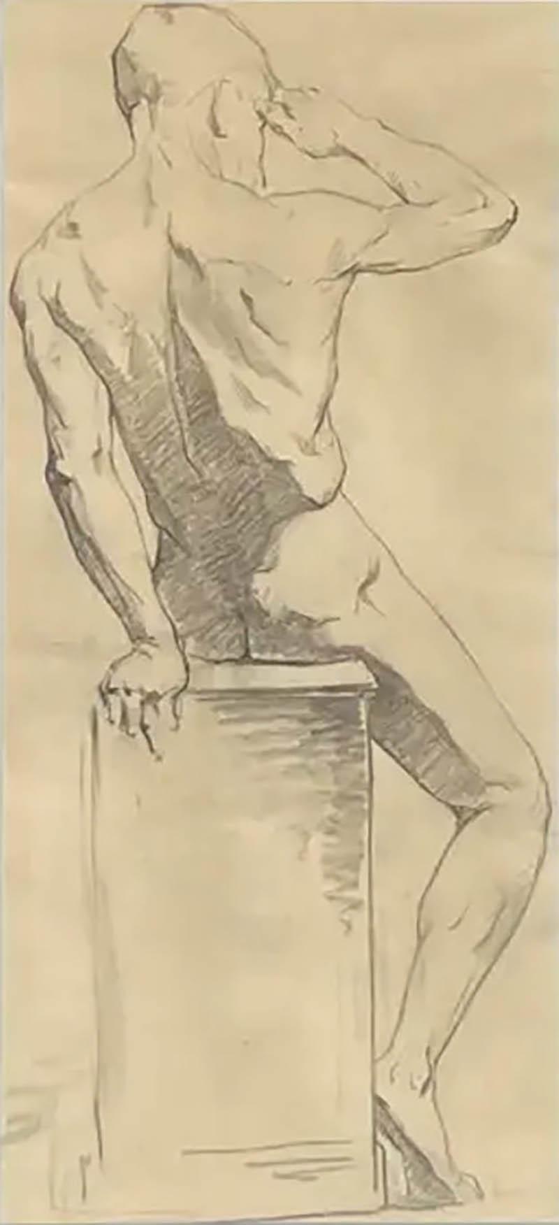 Large Antique Male Nude Art Study Drawing From Paris Framed in Italy