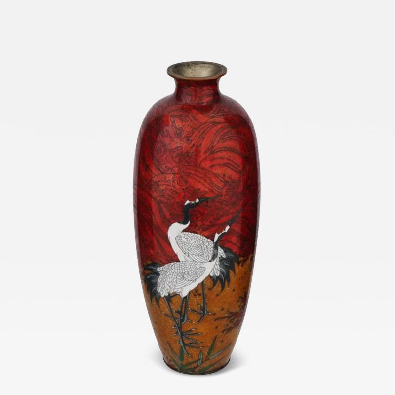 Large Antique Meiji Japanese Cloisonne Enamel Red Crane Vase