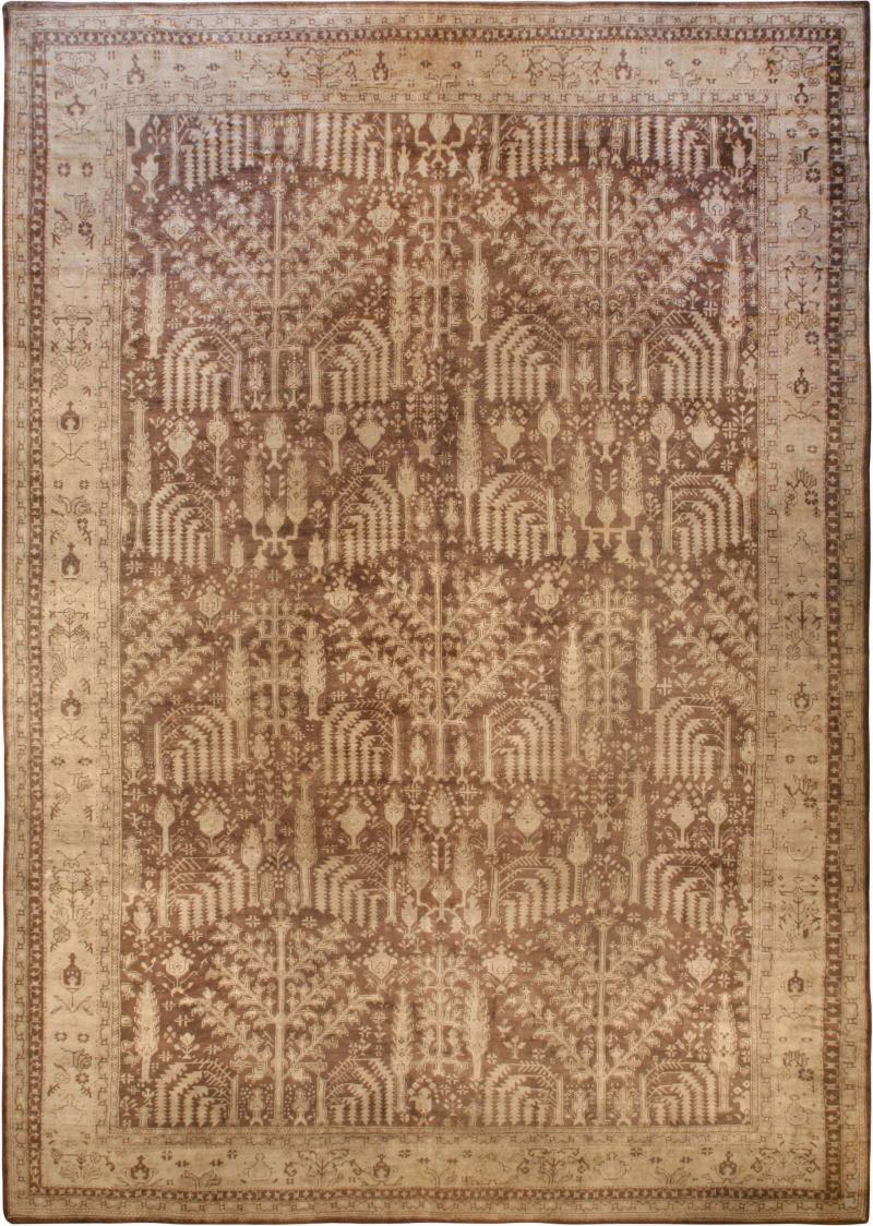 Large Antique Turkish Oushak Floral Brown and Sand Handwoven Wool Rug