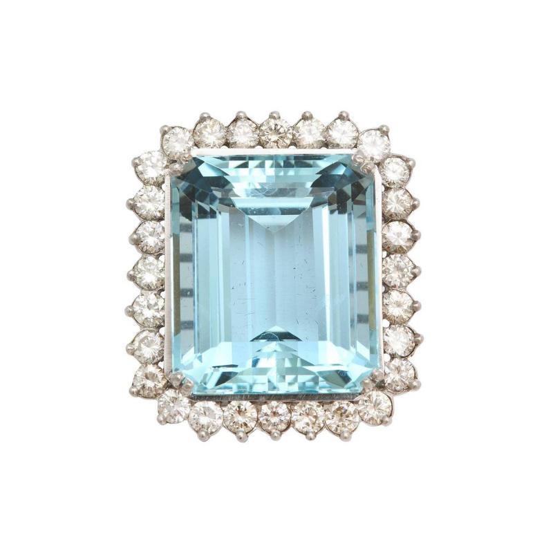 Large Aquamarine and Diamond Platinum and Gold Ring