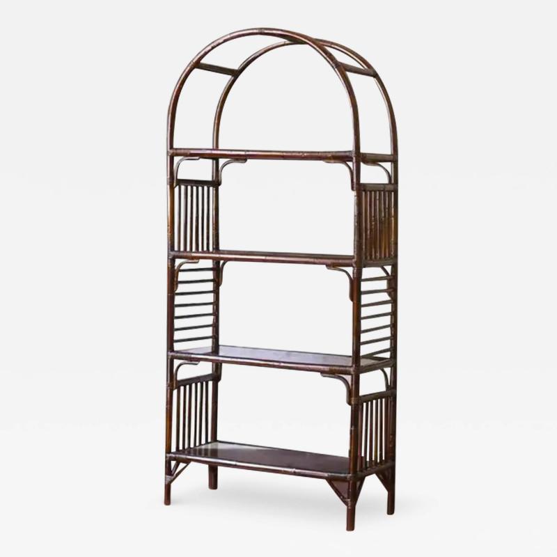 Large Arched Bookcase In Dark Rattan With Smoked Glass Shelves 1980