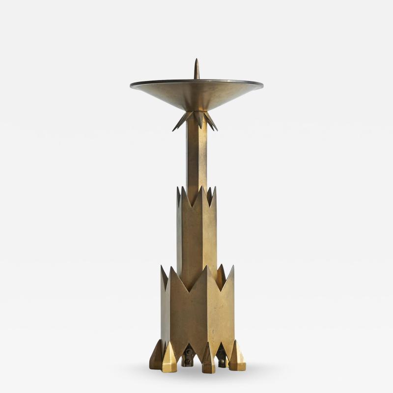 Large Art Deco Candle Holder in Patinated Brass Early 20th Century