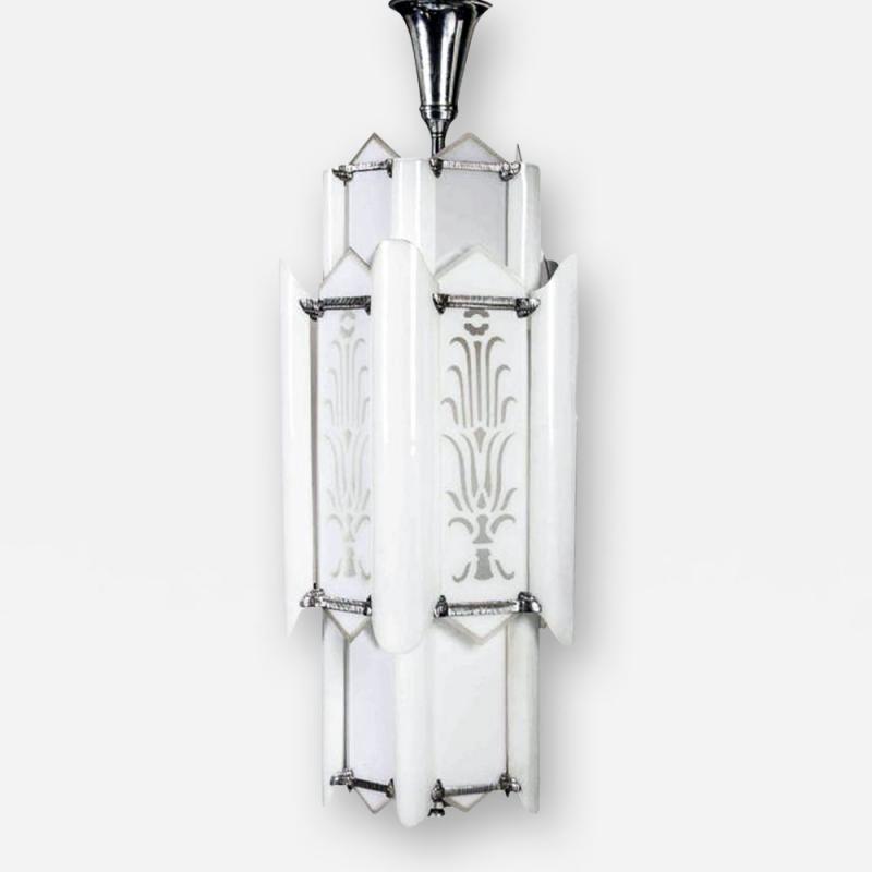 Large Art Deco Etched Glass Tiered Chandelier