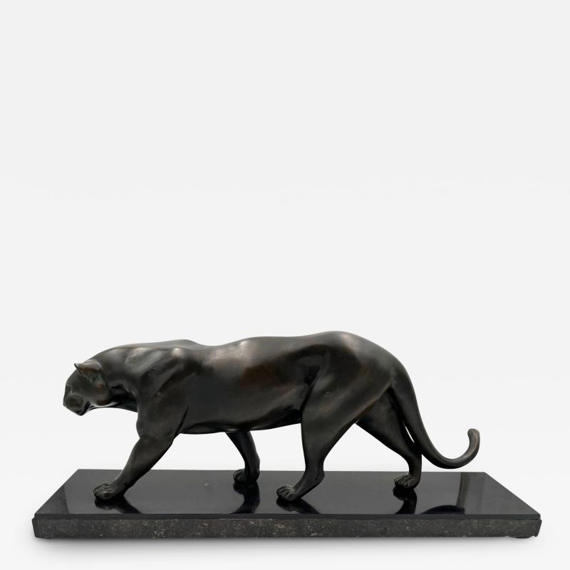 Large Art Deco Panther Sculpture by Rules Bronze Marble France circa 1930
