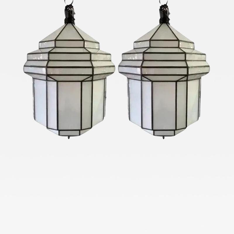 Large Art Deco Style White Milk Glass Chandelier Pendant or Lantern a Pair
