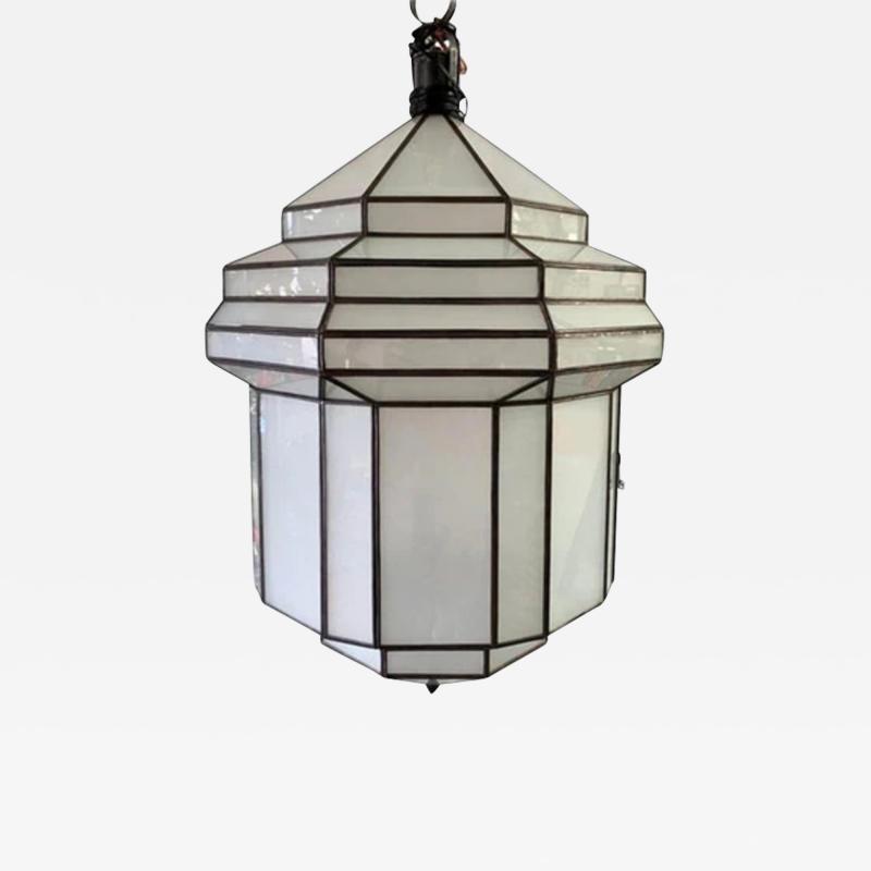Large Art Deco White Milk Glass Chandelier Pendant or Lantern