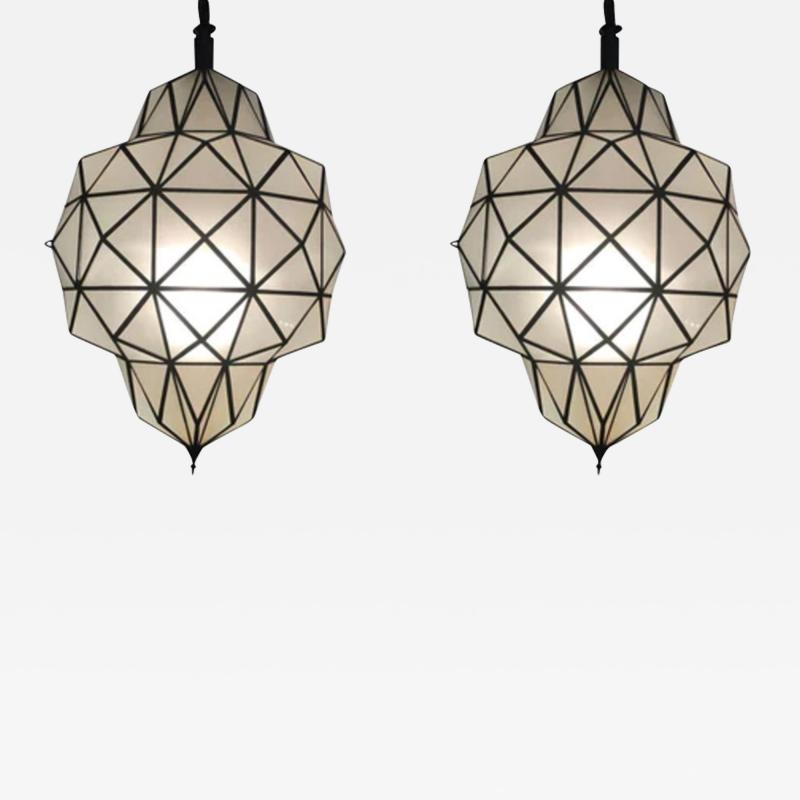 Large Art Deco while milk chandelier pendant or lantern in dome shape a pair