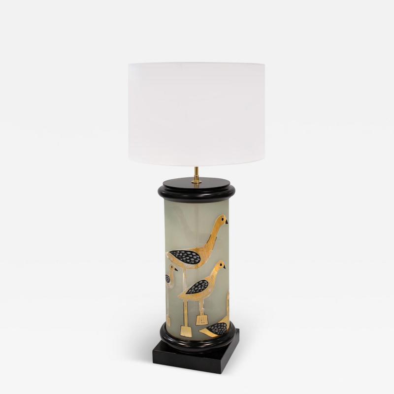 Large Artisan Table Lamp with Hand Painted Bird Motif 1960s