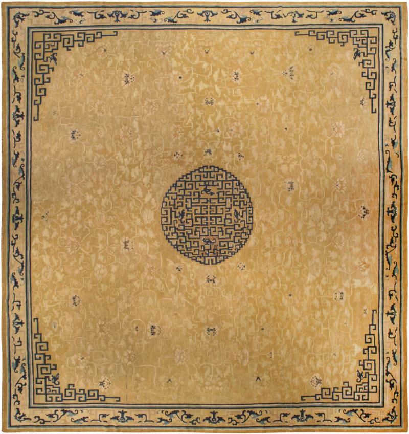 Large Authentic 19th Century Chinese Gold Beige Indigo Blue Handmade Carpet