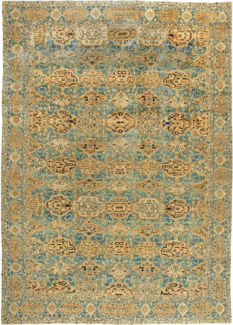 Large Authentic Kirman Botanic Blue Brown Handmade Wool Rug