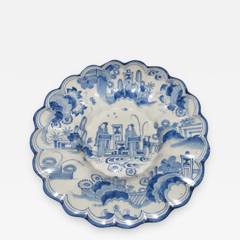 Large Blue and White Scalloped Dish with Chinoiserie Landscape