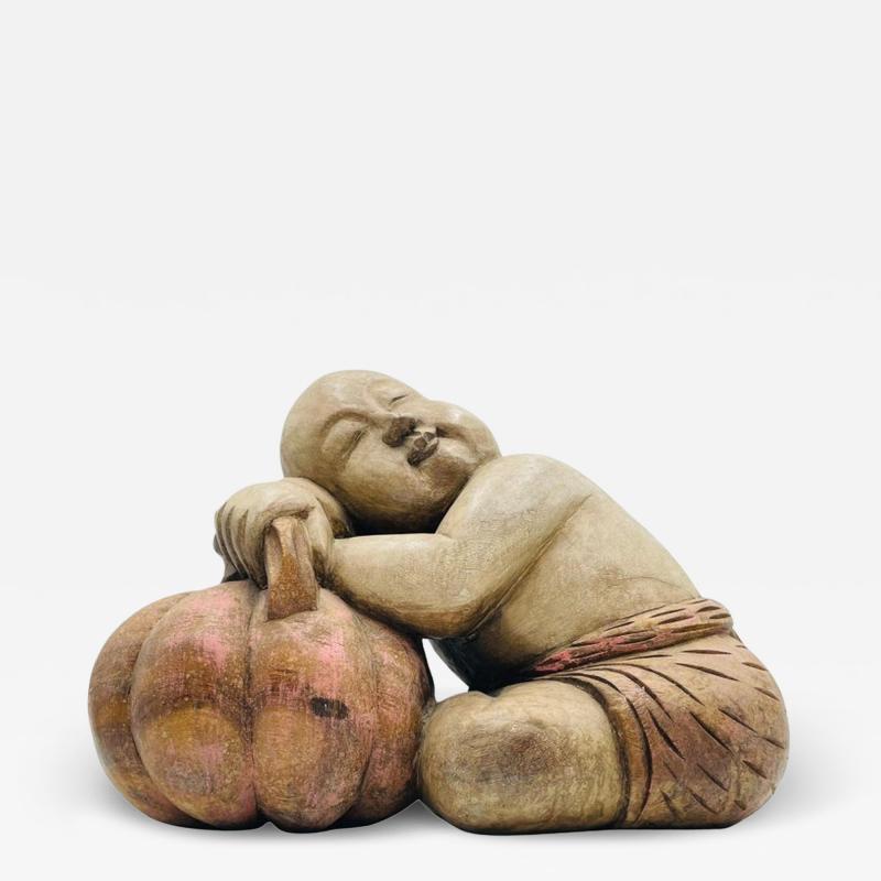 Large Carved Wood Sculpture of a Sleeping Child with Pumpkin Southeast Asia
