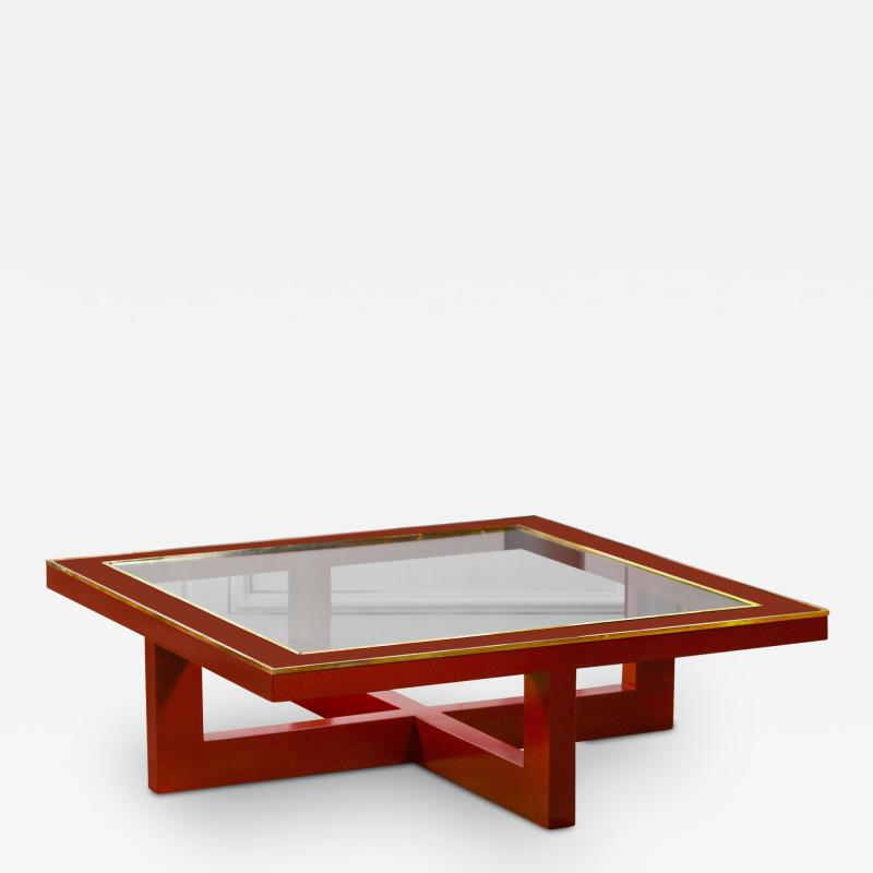 Large China red lacquered coffee table with brass details Italy 1970s