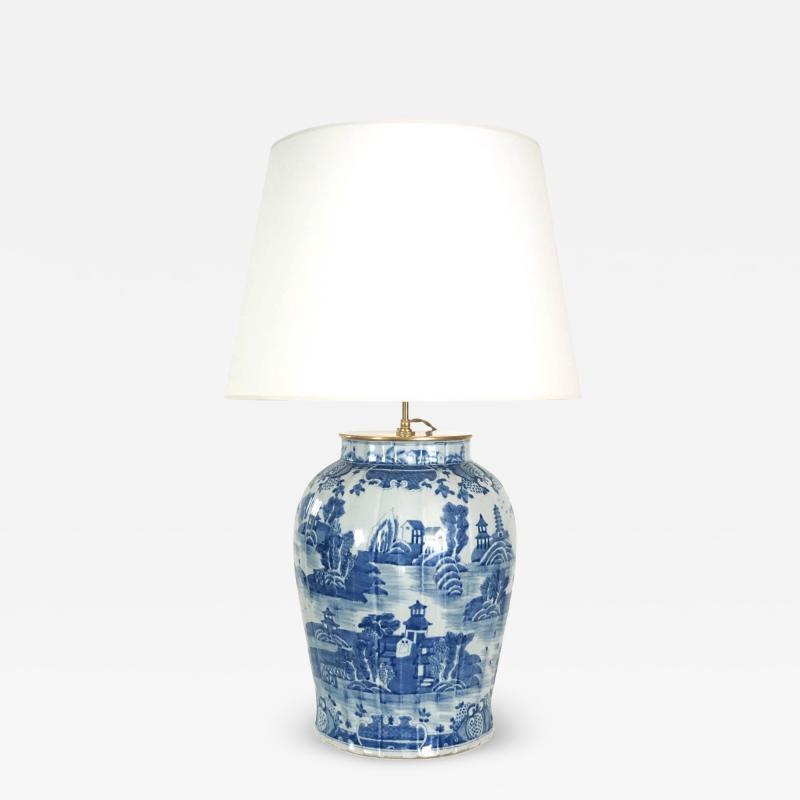 Large Chinese Late Qing Dynasty Blue and White Baluster Vase Table Lamp