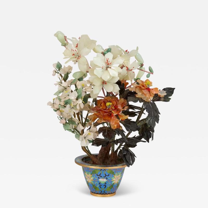 Large Chinese hardstone flower tree model in a cloisonn enamel pot