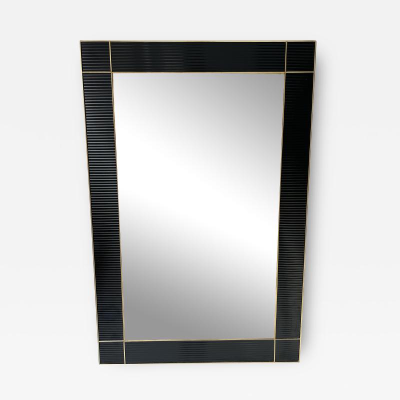 Large Contemporary Brass and Black Fluted Murano Glass Mirror Italy