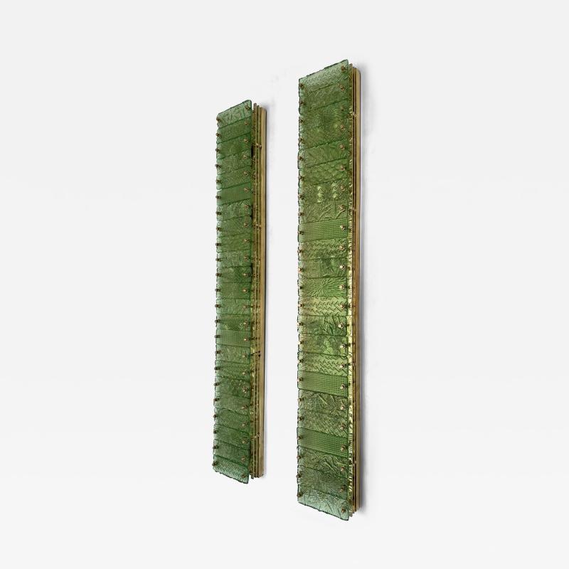 Large Contemporary Pair of Brass Green Gold Leaf Murano Glass Sconces Italy