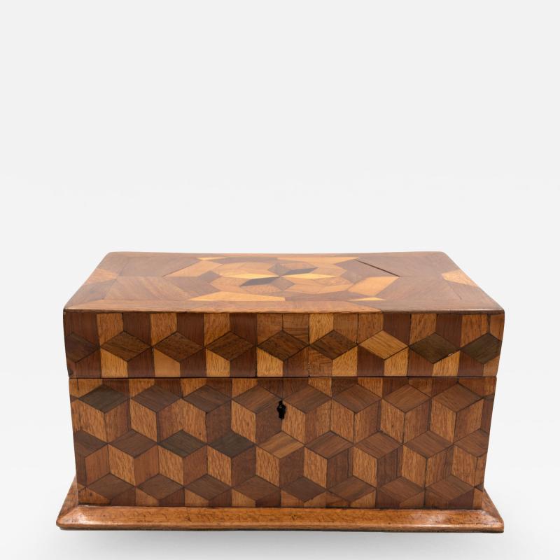 Large Cube Shaped Box With Tumbling Block Marquetry