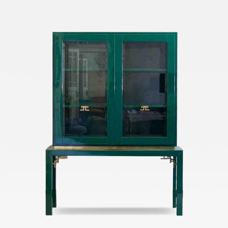 Large Display Cabinet in Green Lacquered wood with Brass Details