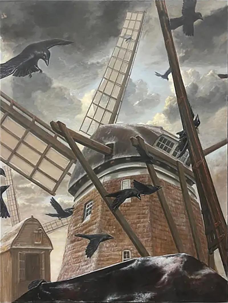 Large Dutch Windmill Oil Painting with Crows Signed Valentin 1987