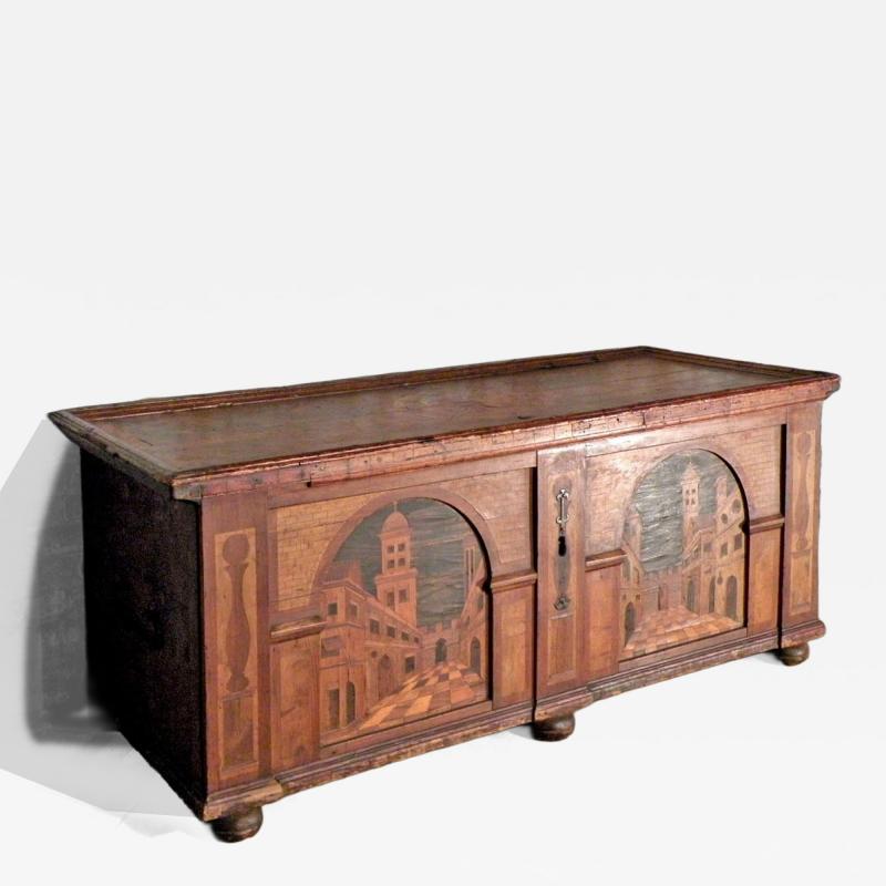 Large Early Baroque Alpine Architecturally Inlaid Coffer Chest