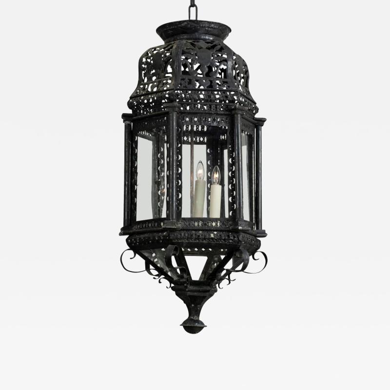 Large Ebonized Pierced Tole Lantern