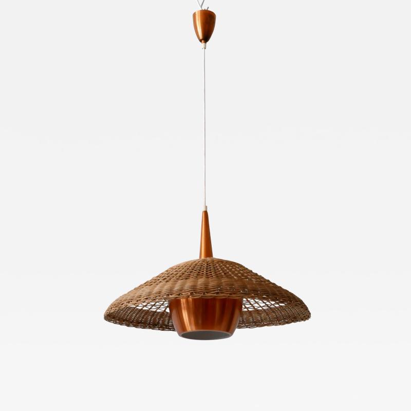 Large Elegant Mid Century Modern Rattan Copper Pendant Lamp Denmark 1970s