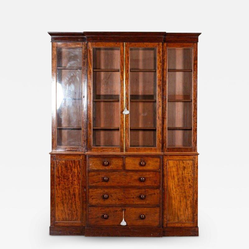 Large English 19thC Mahogany Glazed Breakfront Bookcase