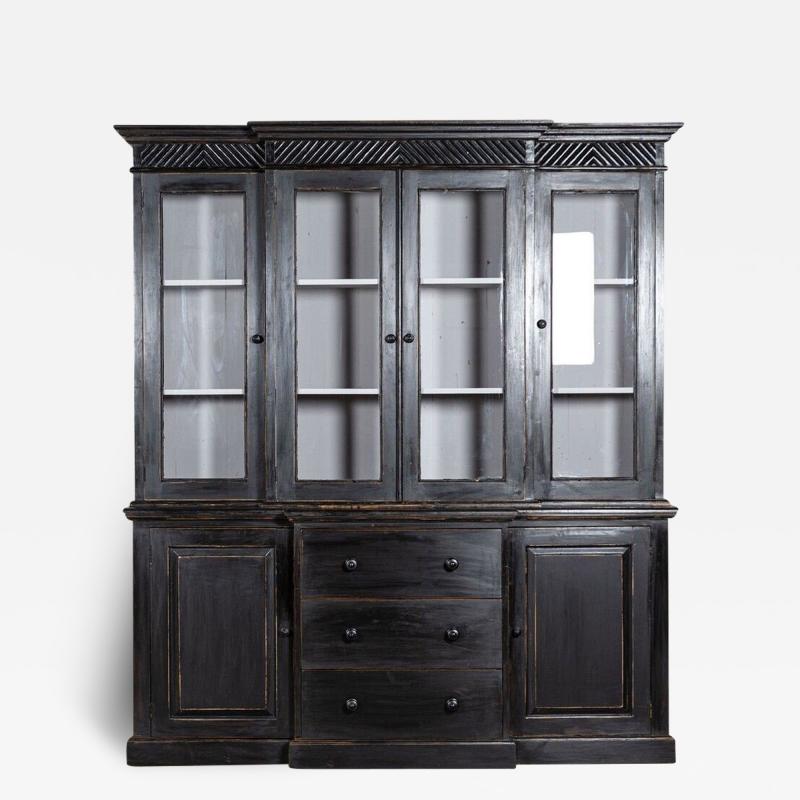 Large English Ebonised Glazed Pine Breakfront Bookcase