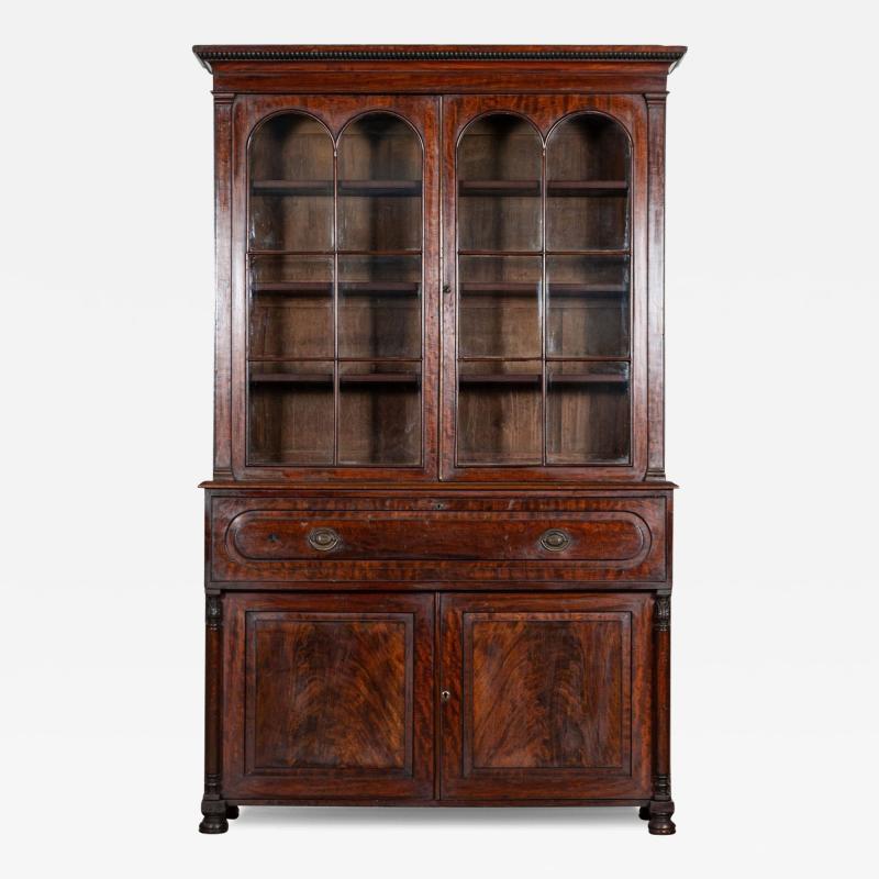 Large English Regency Mahogany Glazed Secretaire Bookcase