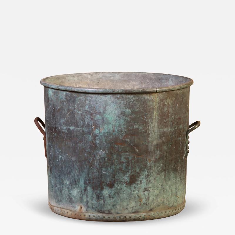 Large French Copper Pot with Handles and a Verdigris Patina C 1910
